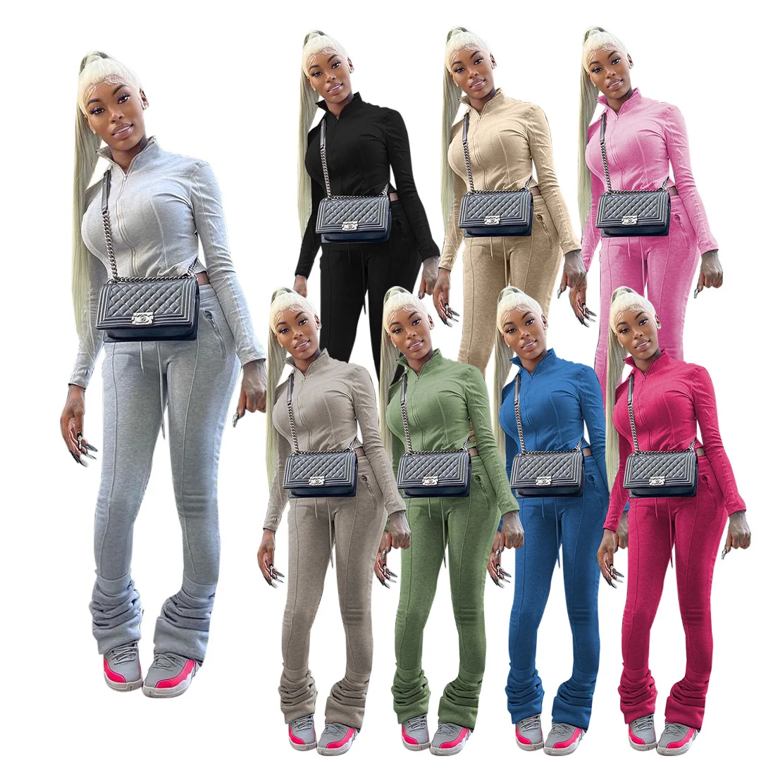 

2021 Fall Winter Clothing For Womens Two Pieces Tracksuit Stacked Jogger Pants Outfits 2 Piece Women Cotton Fleece Sweatsuit Set