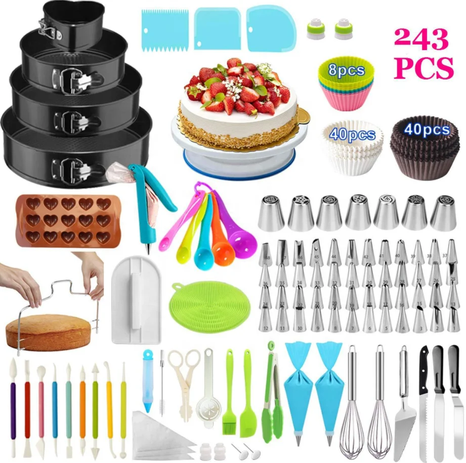 

Amazon Top Seller 243PC Nozzle Decoration Tip Kit Box Baking Supply Turntable Fondant Accessories Mould Cake Decorating Tool Set