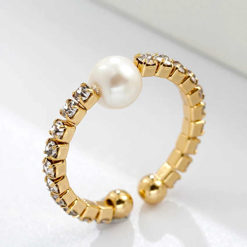 

custom 18k 24k real gold plated women fresh water pearl with Czech stone adjustable dot beaded rings