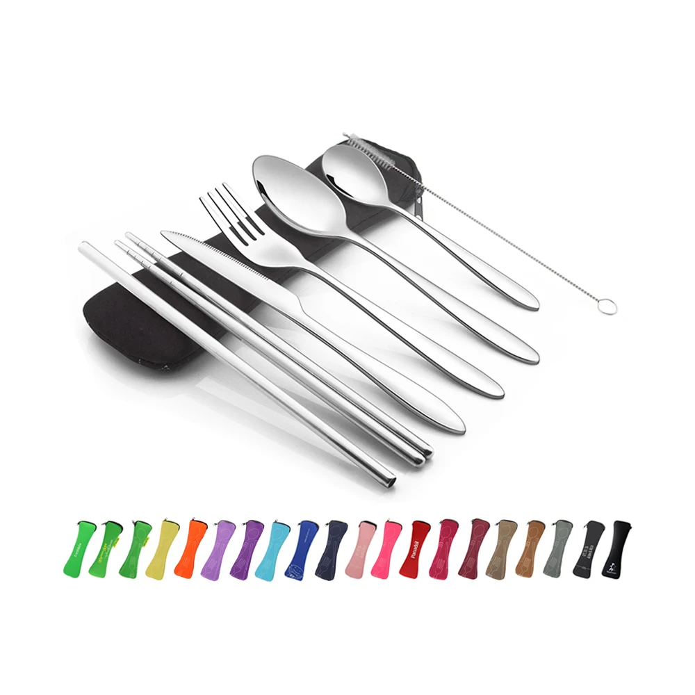 

Portable Chopsticks Knife Fork Spoon Straw Corkscrew Flatware Set Camping Travel Stainless Steel Cutlery Set With Bag