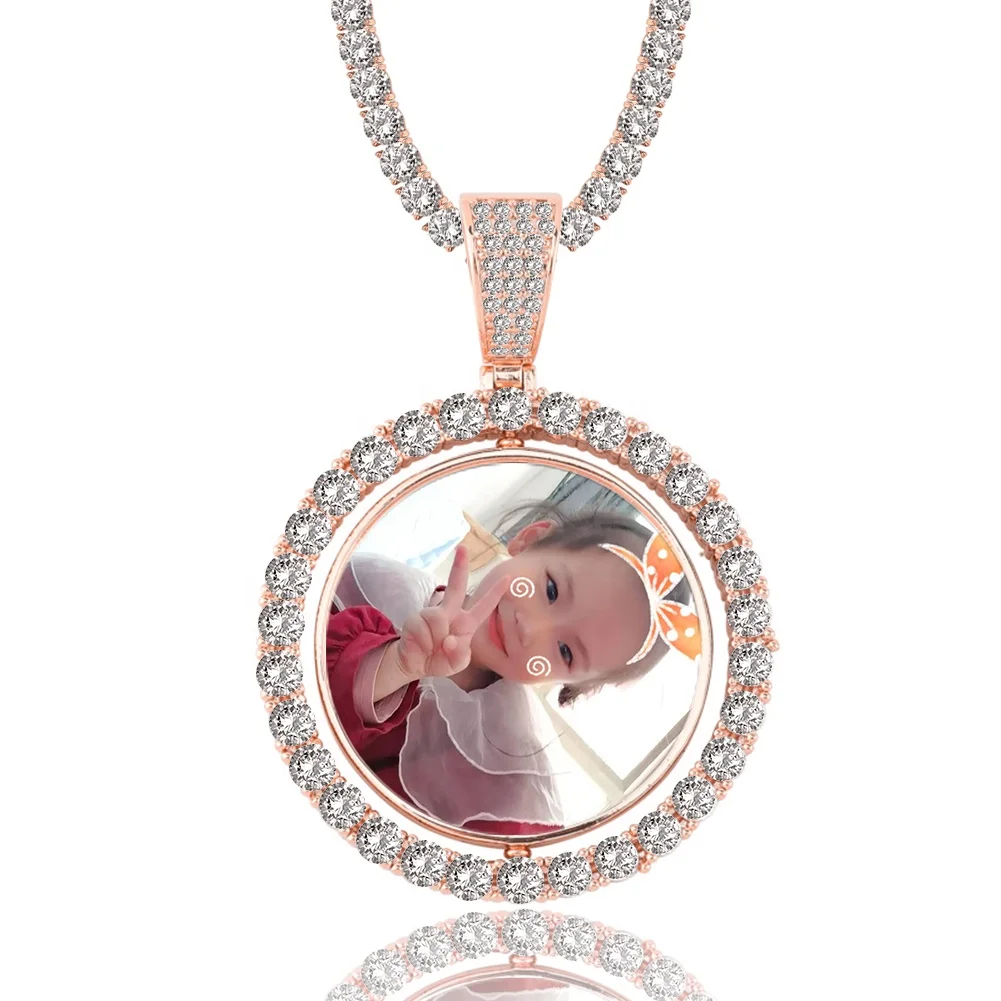 

Hip Hop Style Unisex Iced Out Rope Chain Custom Photo Pendant Necklaces Rotatable Cubic Zirconia Jewelry Gift Bling Bling Rock