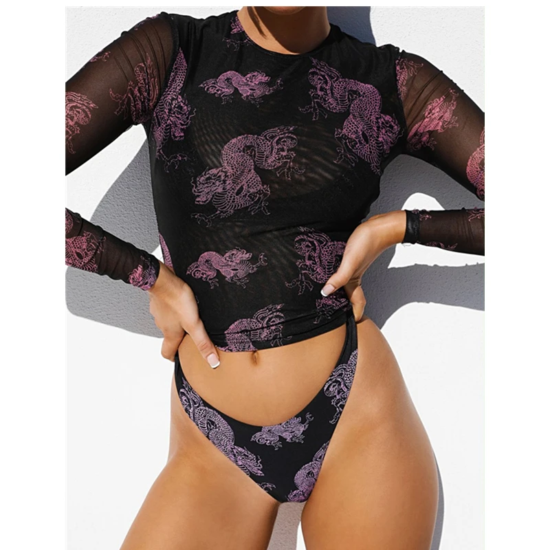 

Sexy 3 Pieces Bikini Swimwear Women 2021 Long Sleeve Transparent Mesh Cover Up Swimsuit Female Print Swimming Suit