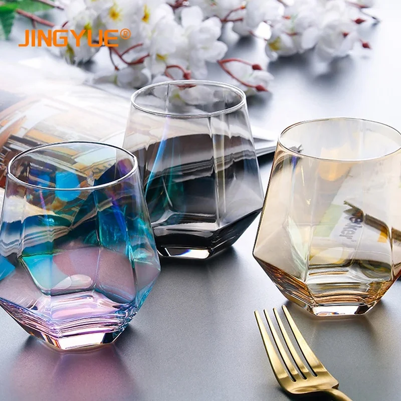 

10oz Unique Colorful Cocktail Drinkware Diamond Cut Whiskey Glass for Valentine Mother's Day Gift, Amber, anthracite,iridescent,gold rim