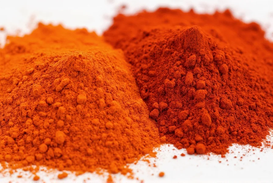 Close-up comparison of paprika powder and cayenne pepper powder showing color differences