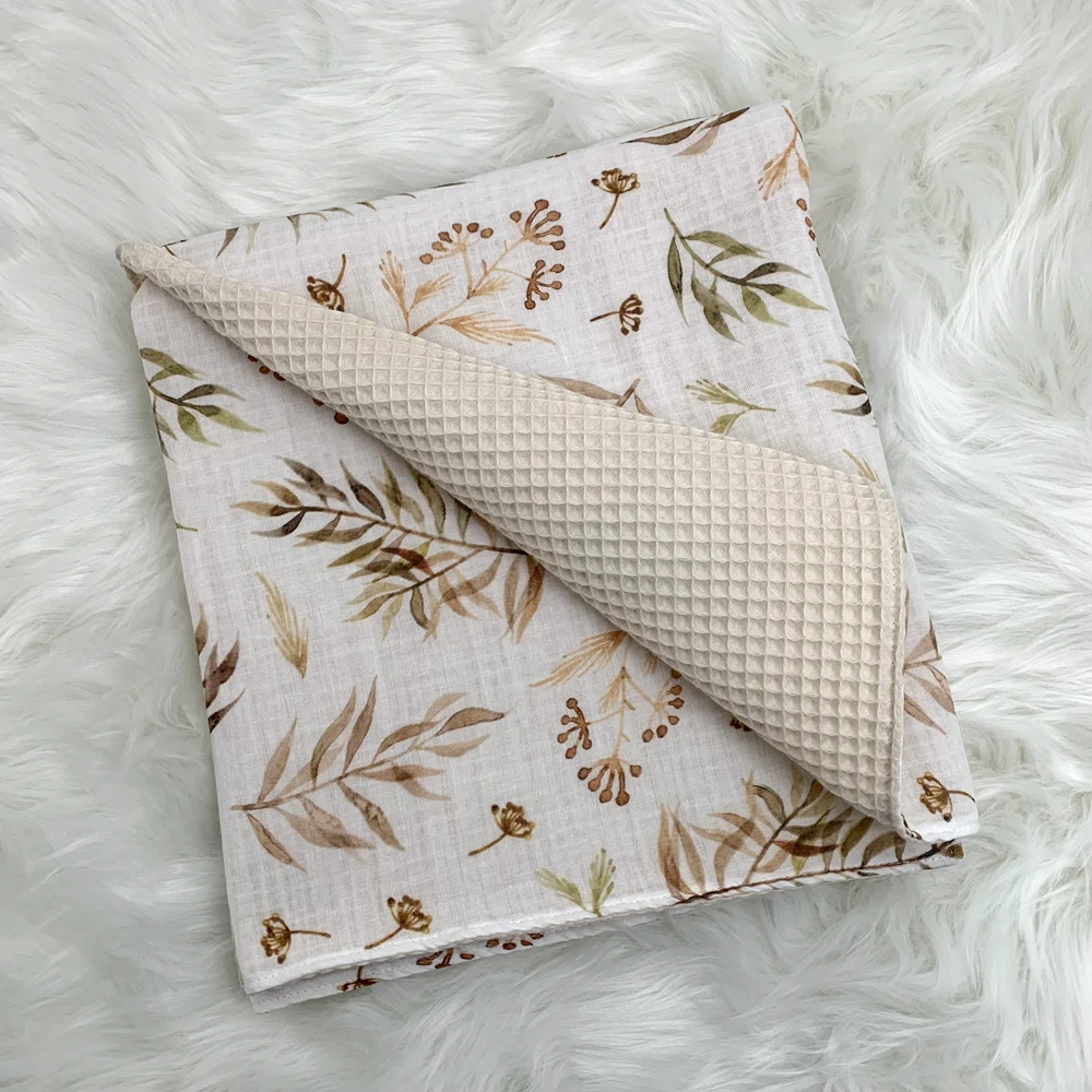 

old green double gauze muslin floral design waffle receiving blanket for baby