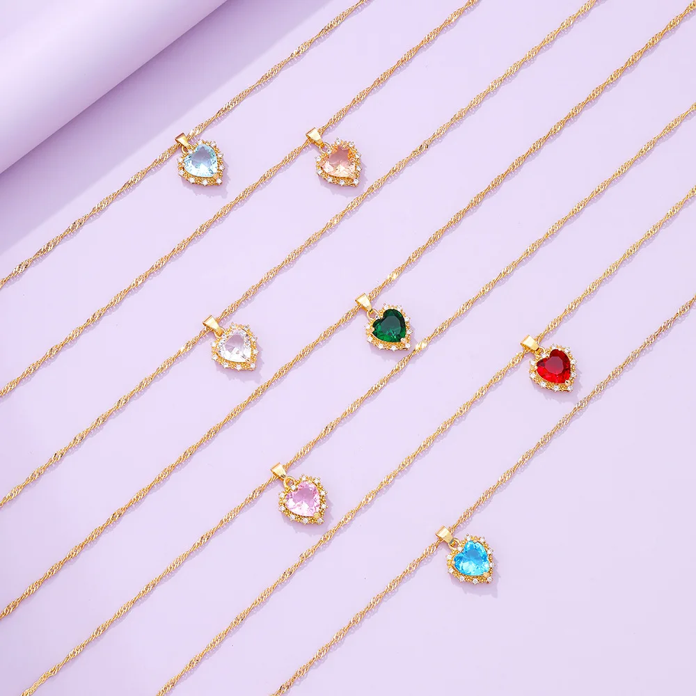 

Fashion 14K Gold Plate Chain Necklace Dazzling Bling Crystal Rhinestone Gemstone Heart Pendant Necklace, 7 color to choose