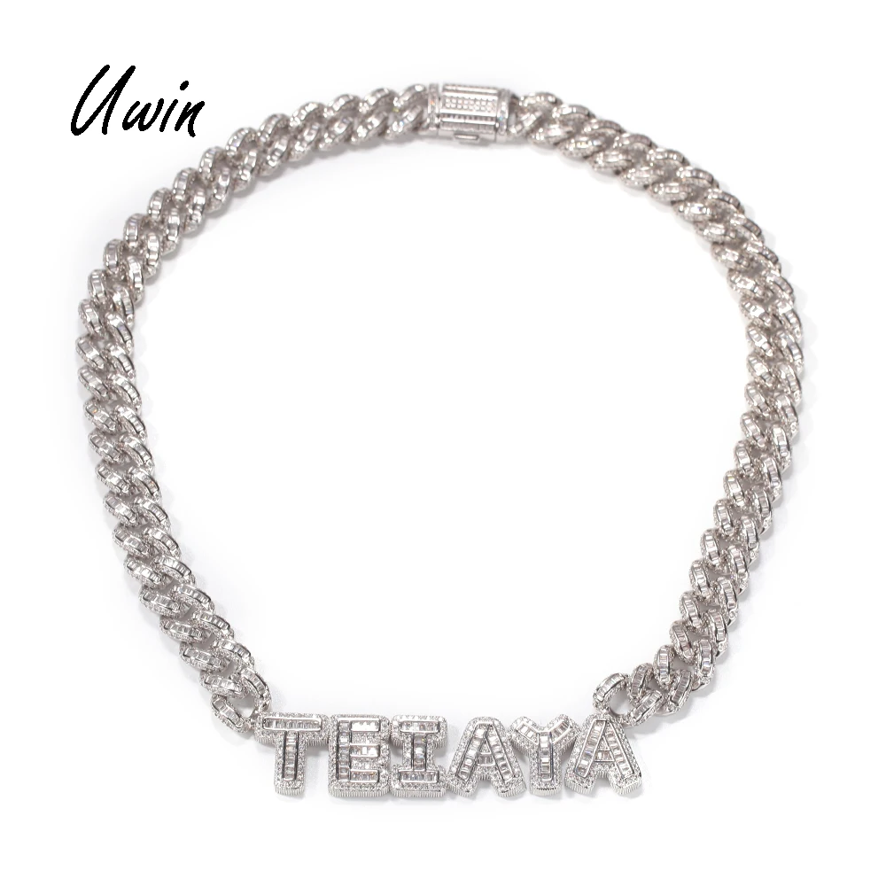 

UWIN Customize Connected Baguette Letter Name Charm with Baguette CZ Cuban Chain Necklace