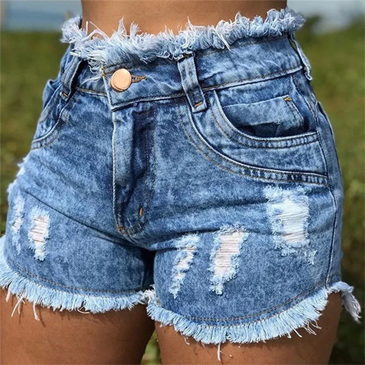 

2021 Latest Design Summer High Quality High Waist Tassel Plus Size Ripped Women Denim Shorts, As pictures