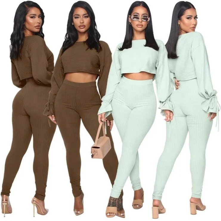 

Wholesale Fashion Solid Color Rib Women 2 Piece Set Flare Sleeve Bandage Outfits Women Two Piece Set Women Clothing
