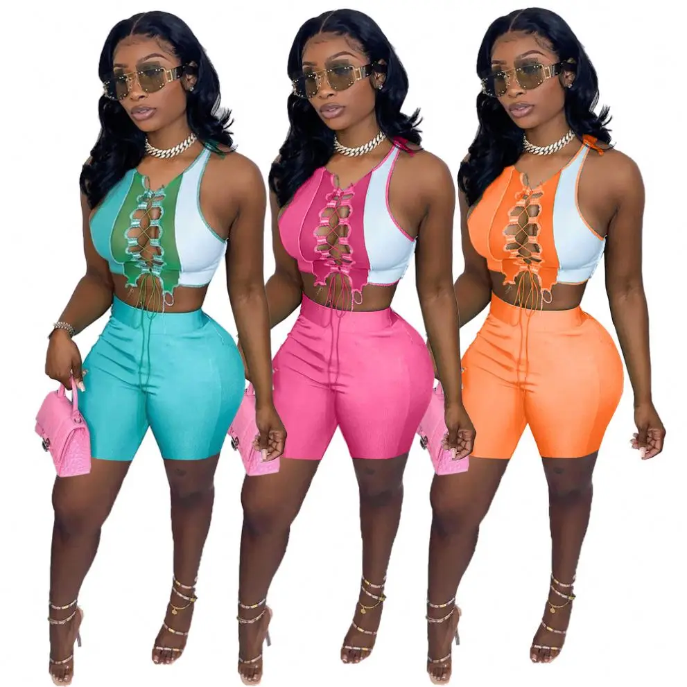 

BR1274 Contrast bandage hollowed out sexy two piece short set women clothing