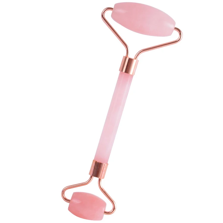 

Ready to ship double 3d gold rose frame face crystal gua massager pink jade roller