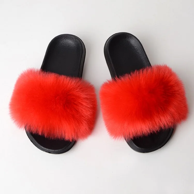 

Custom Fashion soft fluffy fox faux fur slippers for women slide sandals loafers, Customized color