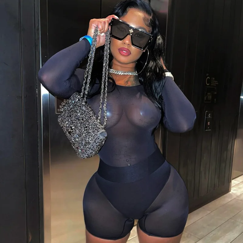 

Classic Solid See Through Two Piece shorts Set For Women Sexy Body-shaping O-neck Long Sleeve sexy party club wear 2 pc outfits, Black