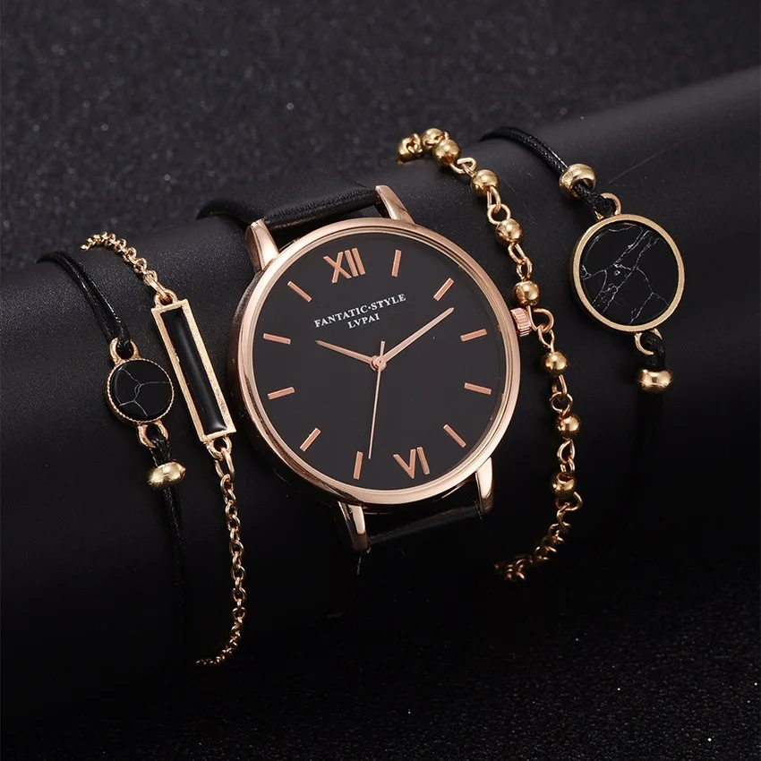 

5pcs Set Top Style Fashion Women's Luxury Leather Band Analog Quartz WristWatch Ladies Watch Women Dress Reloj Mujer Black Clock, As show