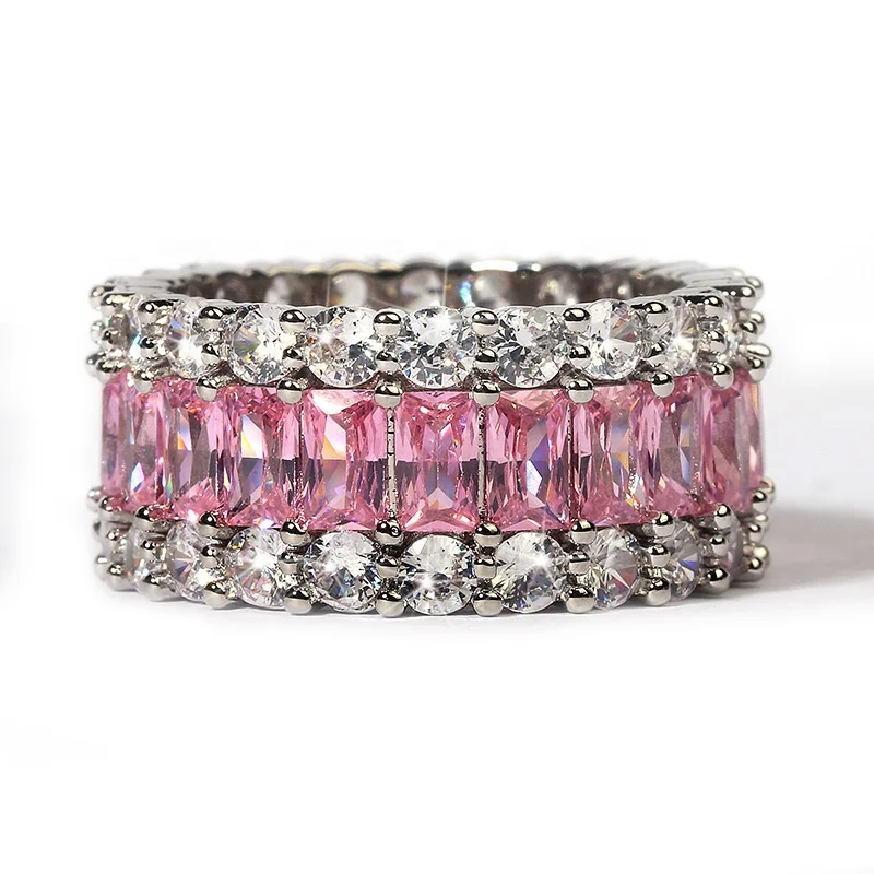 

Luxury white pink cubic zircon 3 Row baguette band sparking bling wedding engagement Eternity Band pink ring