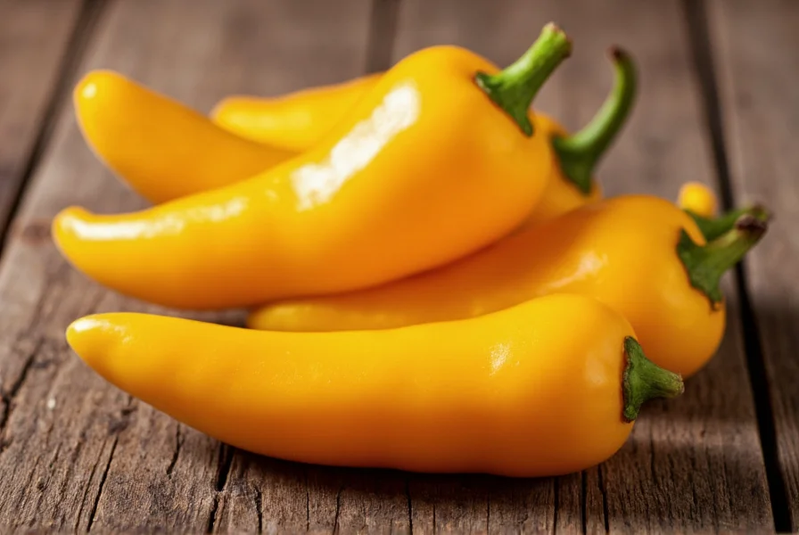 Close-up photograph of fresh aji amarillo peppers showing their distinctive curved shape and vibrant yellow-orange color against a rustic wooden background