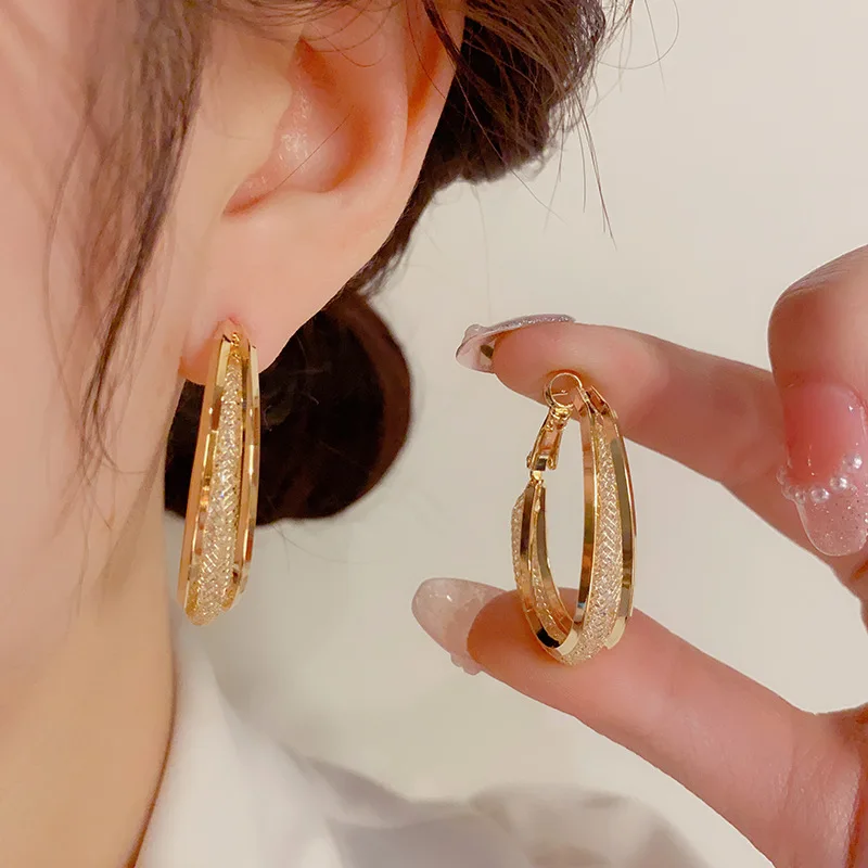 

Korean Style Simple 925 Silver Needle Hollow Out Crystal Hoop Earrings 18K Real Gold Plated Big Circle Huggie Earring For Women