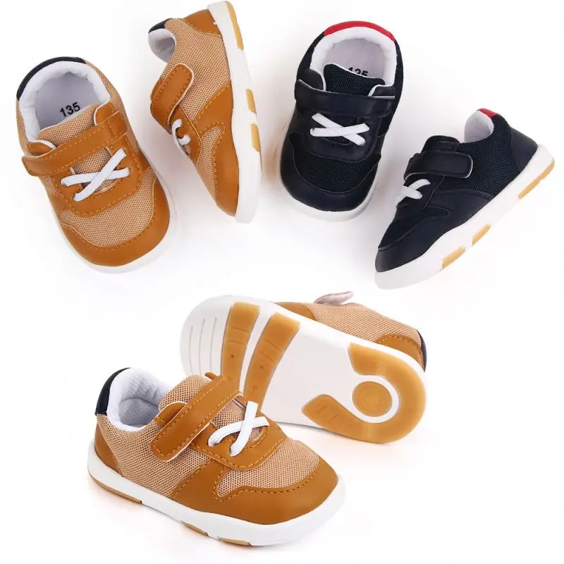 

2021 Wholesale New soft sole mesh walking autumn kids newborn boys baby shoes, Yellowish brown/ dark blue