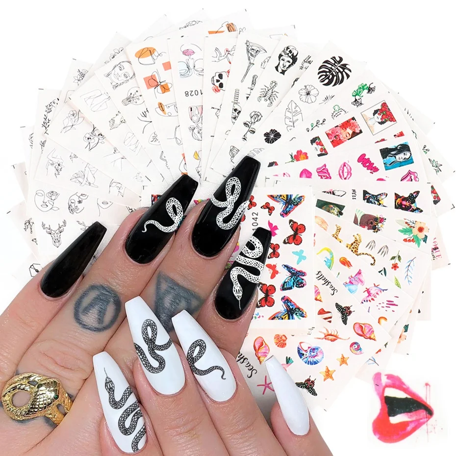 

Paso Sico 16pcs/Set English Letter Decals Love Lips Vintage Number Tattoo Animals Butterfly Nail Art Design Stickers Water Wraps