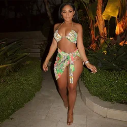 

Women's Summer New Suspenders Halter Vest Printed Bag Hip Skirt Suit, Green