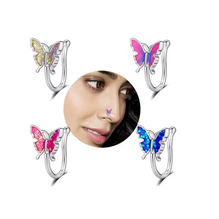 

Fashion Butterfly Dangling Girl Bulk Stainless Steel dangle body Faux septum piercing clip on nose rings cuffs jewelry, Ab color, pink, purple, blue