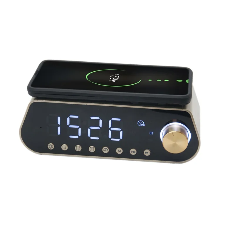 

MX23 multifunctional wireless charging speaker phoncell BT FM Radio TF AUX USB hand free alarm clock with Dimming Powerbank