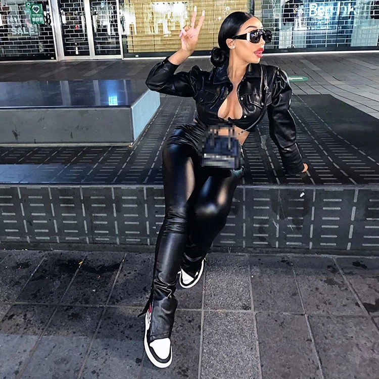 

Womens 2 Piece Fall 2021 Women Clothes Fashion Zipper Pu Top Pu Leather Two Piece Sets Pants Set Outfits, Black