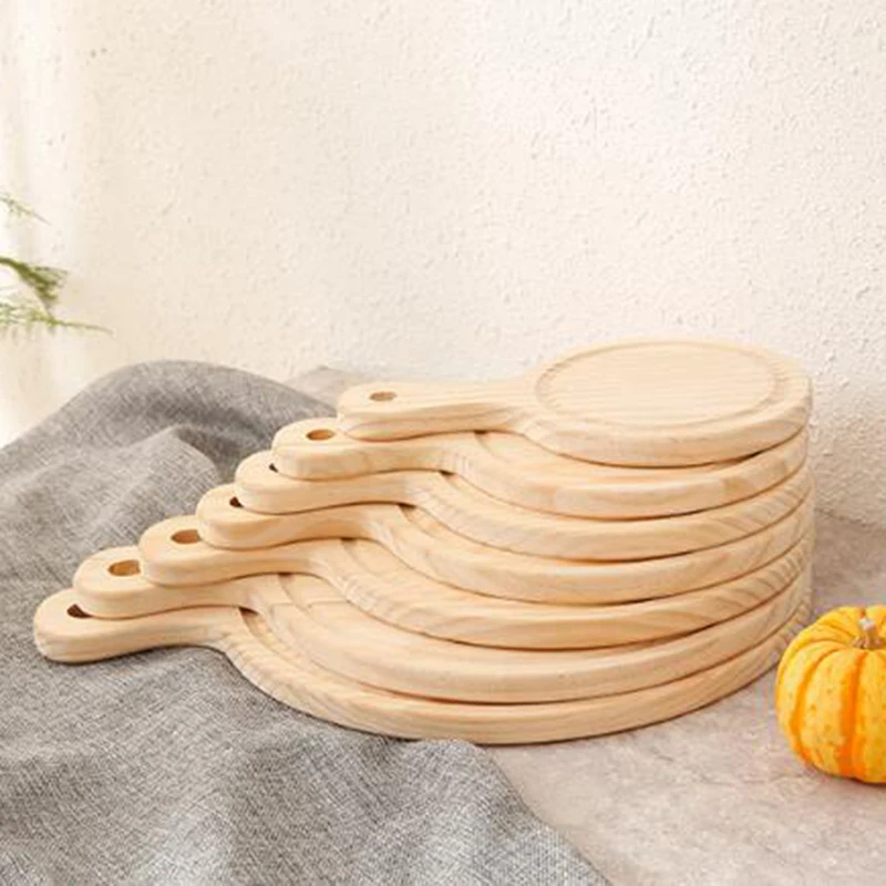 

Wholesale Natural High Quality Wood Chopping Board of Round Handlebar for Round Pizza Bread Cheese Plates, Natural color