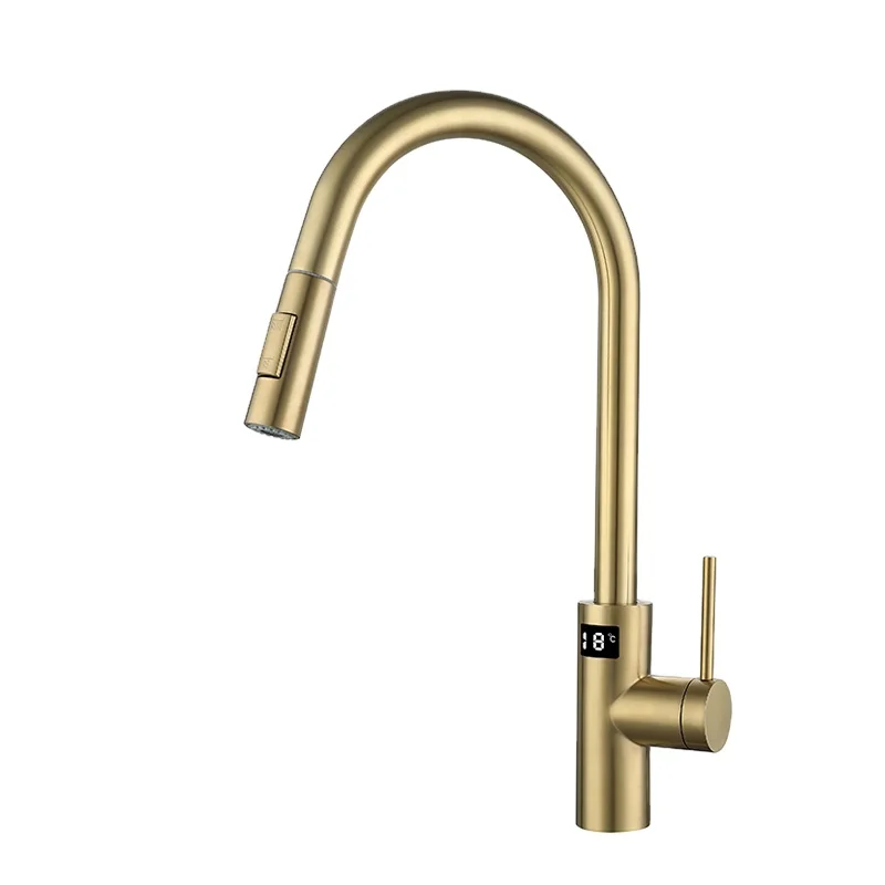 

AMAXO Wholesale Gold Hand Pull Out Sprayer Faucets Digital Display Kitchen Faucet For Sink