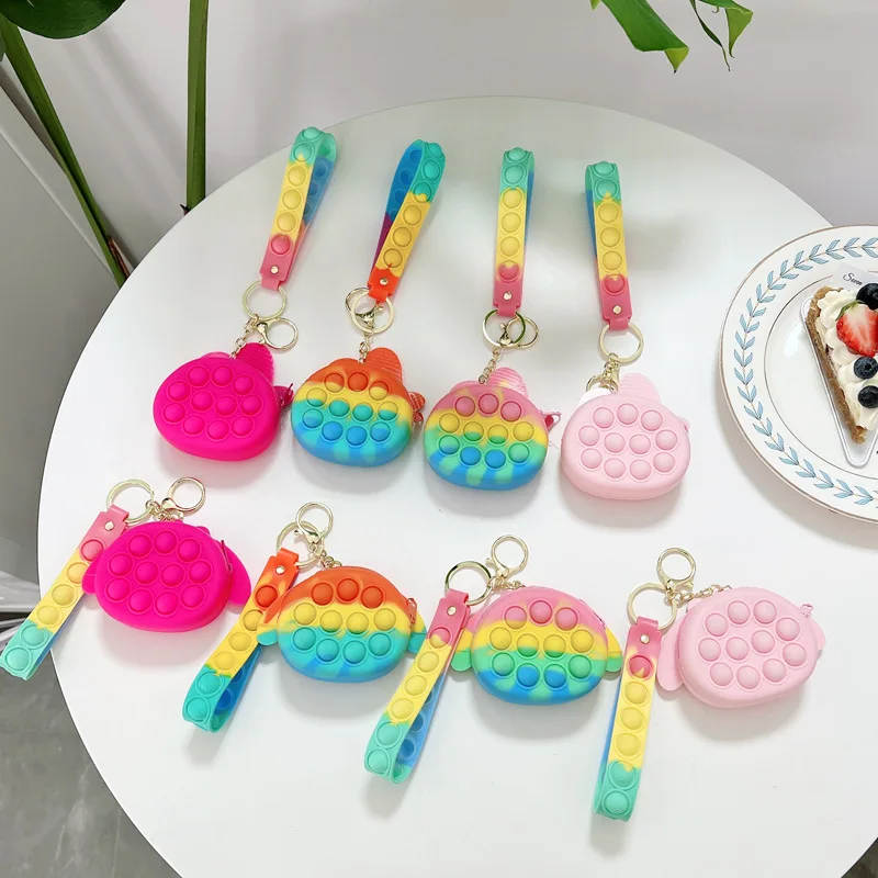 

Wholesale Mini Cartoon Kawaii Zipper Coin Pouch Cute Push Bubble Sensory Fidget Toy New silicone pop it purse with Key Ring, 11 colors