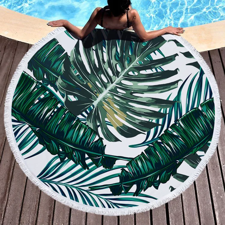 

Round Printed Beach Towel Fiber Soft Tassel Feel Custom LOGO Beach Mat Pareo Sarongs, 9 colors