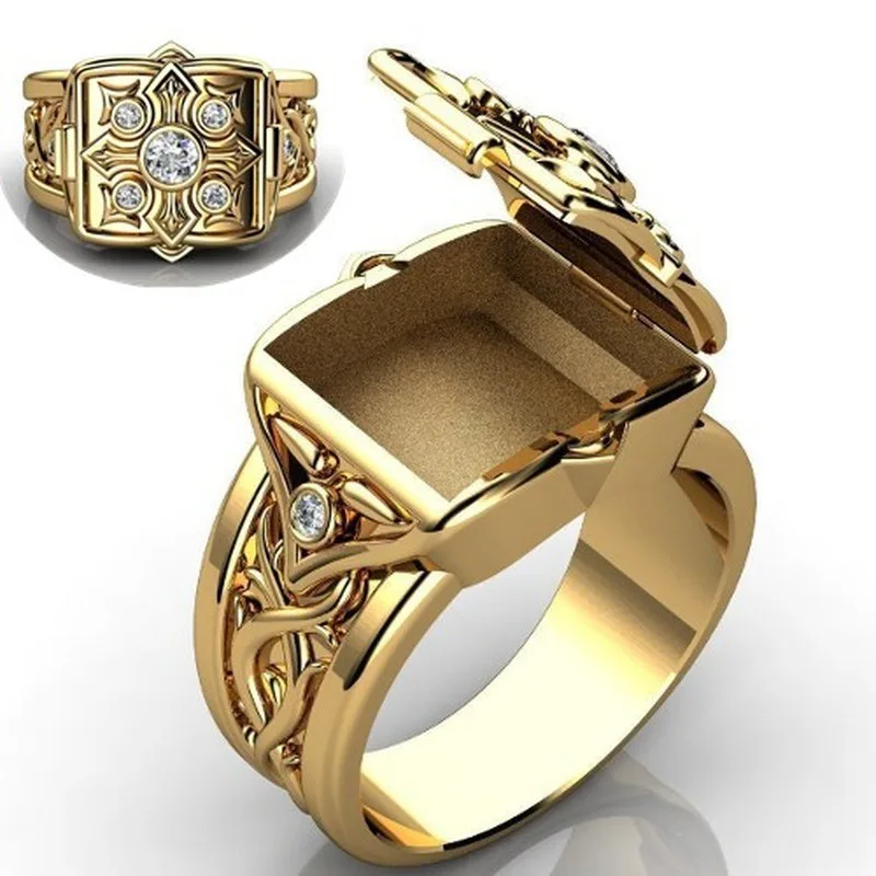 

Fashion Style Hip Hop 18K Gold Plated Beautiful Men's Box Flip Ring New Design Man Woman Open Locket Box Ring Box