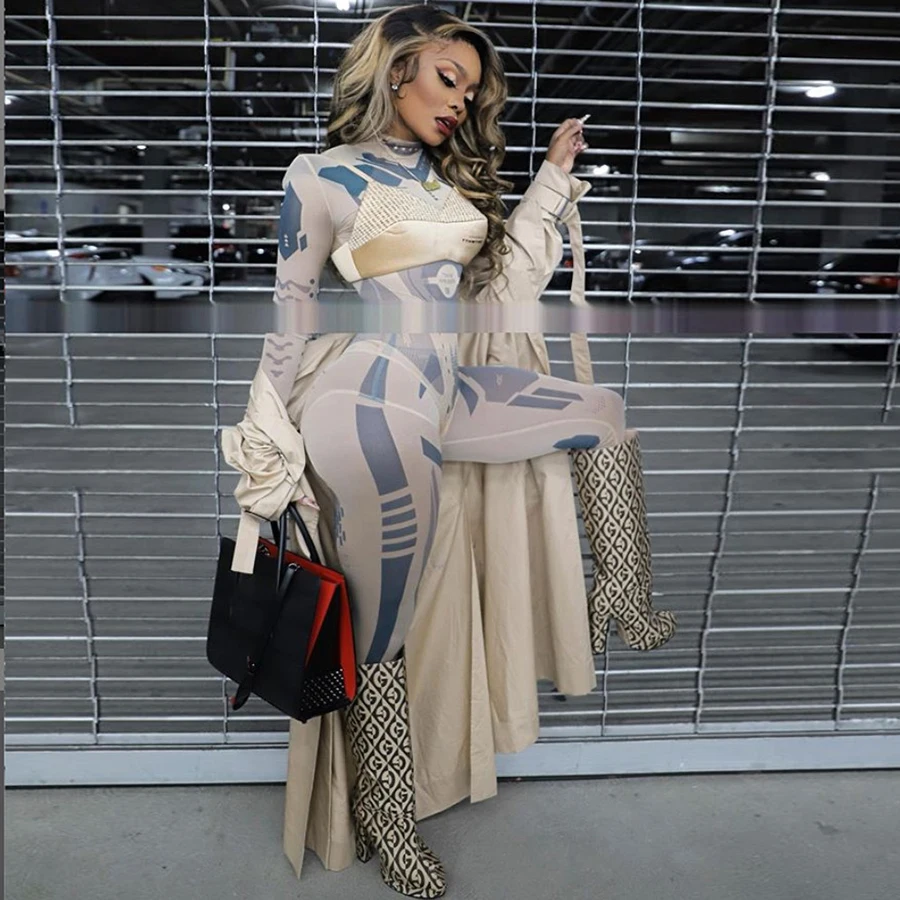 

2021 Spring Mesh Print Bodysuit High Waist Leggings See Through Matching Women Two Piece Set