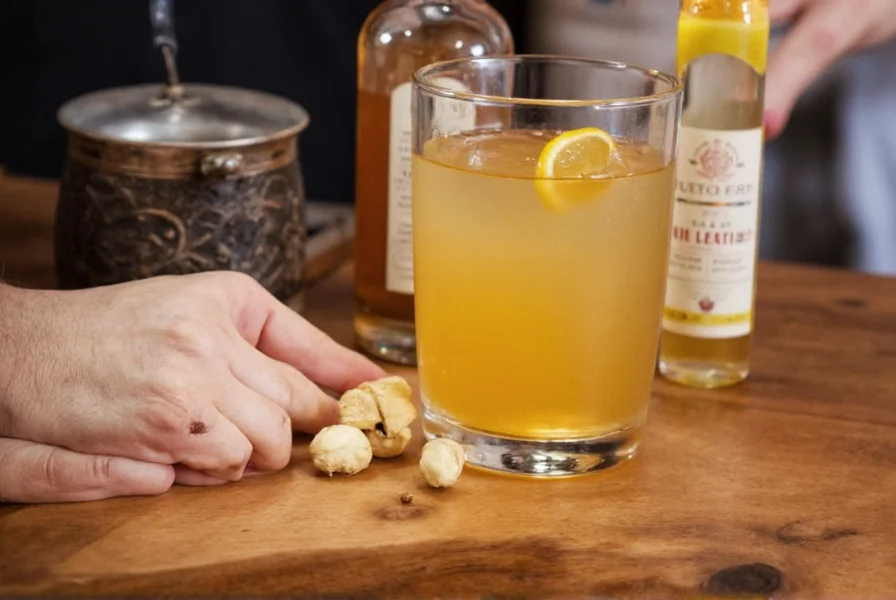 Chef pouring ginger liqueur into a saucepan with vegetables for a culinary demonstration