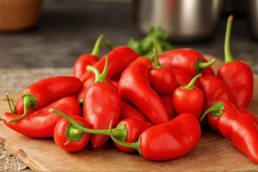 Close-up of fresh Mirasol chili peppers on a wooden cutting board with cooking utensils