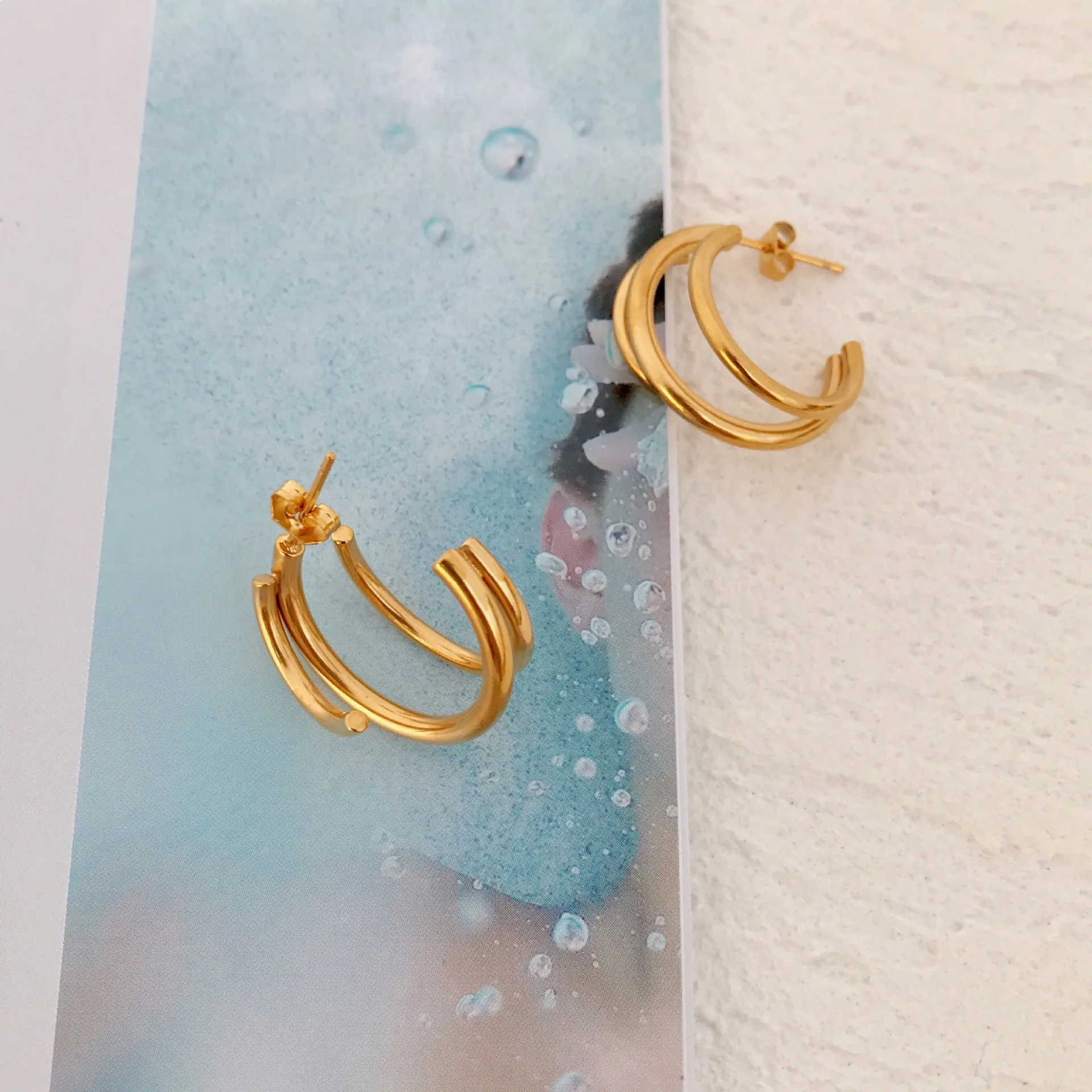 

European American Three Layered C shaped Earrings Geometric 18k gold plated Stainless Steel Hoop Earrings