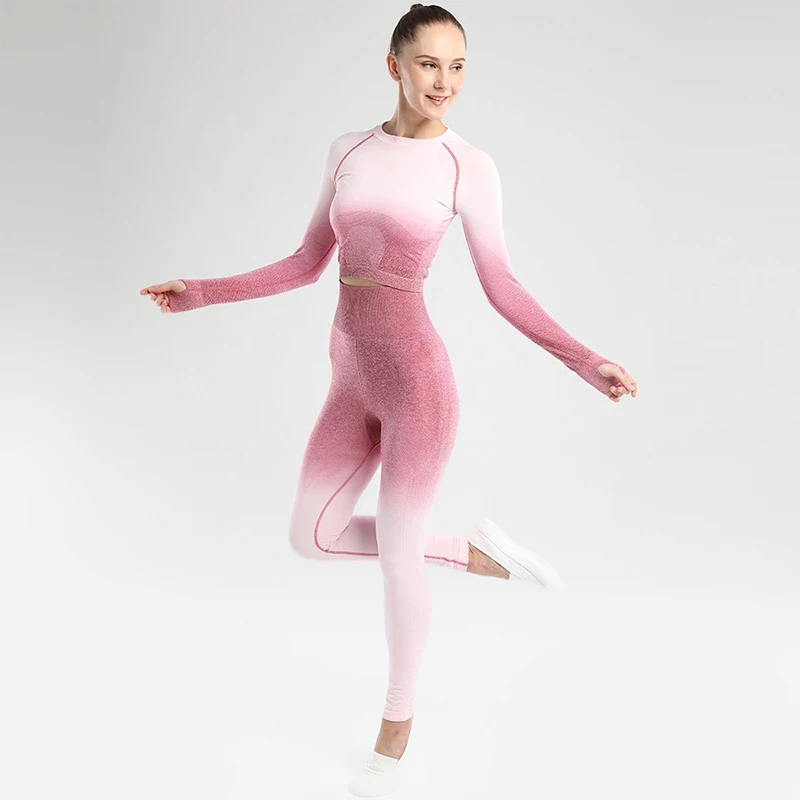 

Long Sleeve Fall Two Piece Pink Seamless Tie Dye Ombre Gradient Plus Size Yoga Set