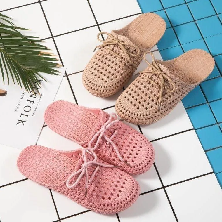 

Summer Slippers Shoes Woman 2020 Closed Toe Breathable Flip Flops up Outdoor Flat Beach Slides Dropship Hollow Out Lace EVA Pu