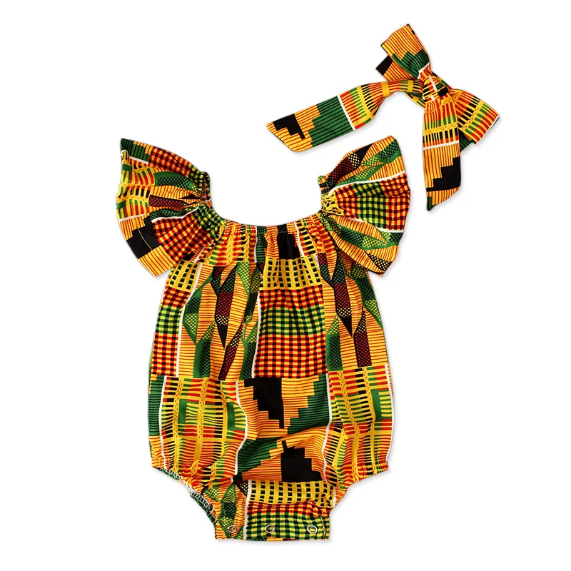 

Cute Baby Kids Girls Clothing African Boho Style Printed Long Rompers Jumpsuit And Hair Band, 1 color