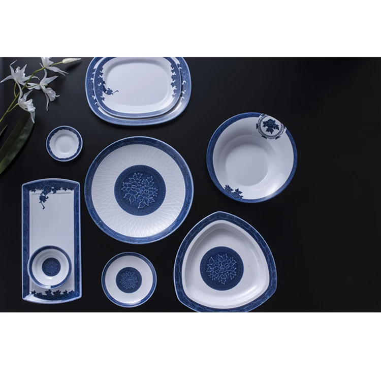 

Restaurant Relief Melamine Round Dish Chinese Blue And White Dinnerware 10 Inch Charger Plates