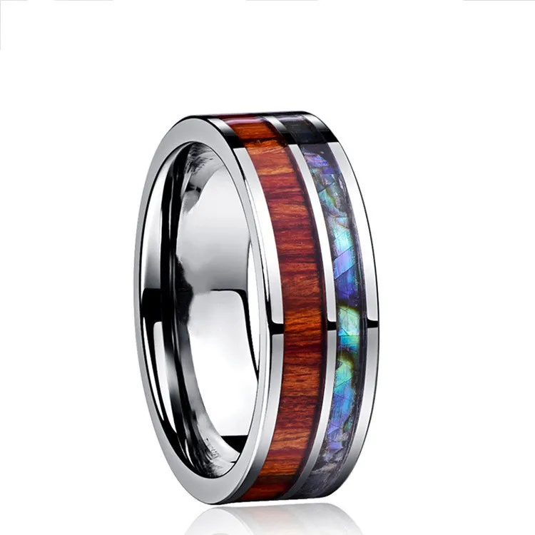 

Best-Selling 8MM Tungsten Carbide Engagement Rings Wood Abalone Shell Stainless Steel Rings Men Finger Ring