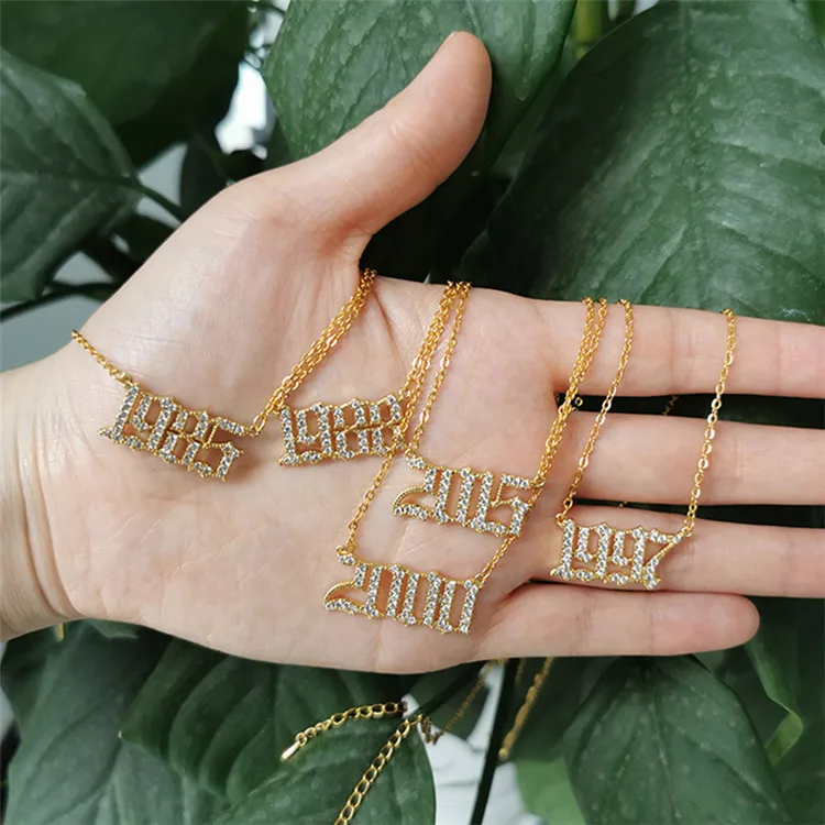 

Stainless Steel Diamond Birth Year Necklace Personalized Old English Arabic Year Number Pendant Necklace