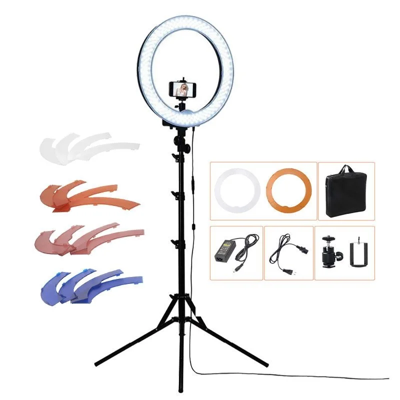 

FOSOTO RL-18" Camera Photo/Phone/Video 55W 240LED 5500K 18inch Photography Dimmable Ring light Lamp with 4 Plastic Colors/Tripod, Black