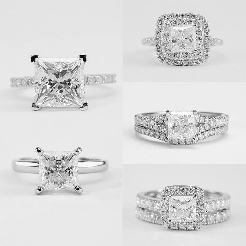 Starsgem Gold Plated Eternity Band S925 Sterling Silver Princess Cut Moissanite Gemstone Engagement Ring