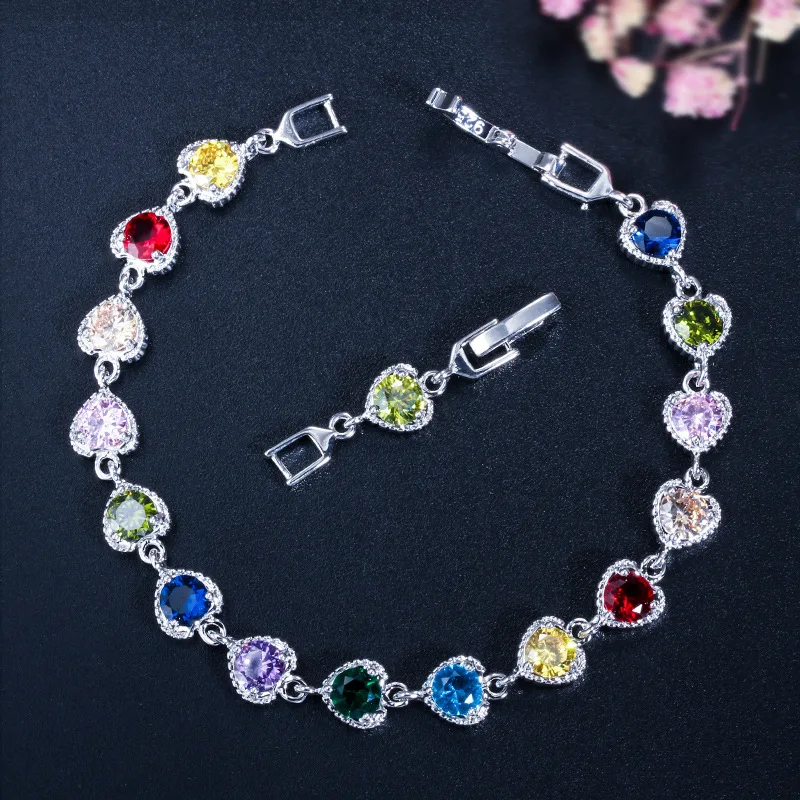 

Women Fashion Wedding Gift Jewelry Tennis Chain Heart Bracelet Colorful Cubic Zirconia Rainbow CZ Love Heart Tennis Bracelet
