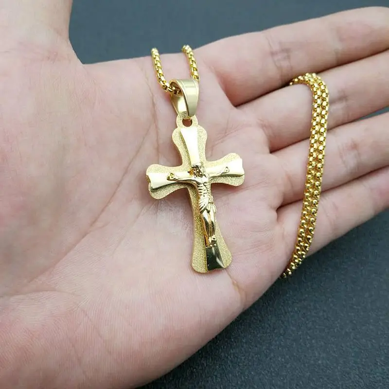 

Stainless Steel Gold Plated Christian Jewelry Charm Cross Necklace Jesus Pendant, 18k gold