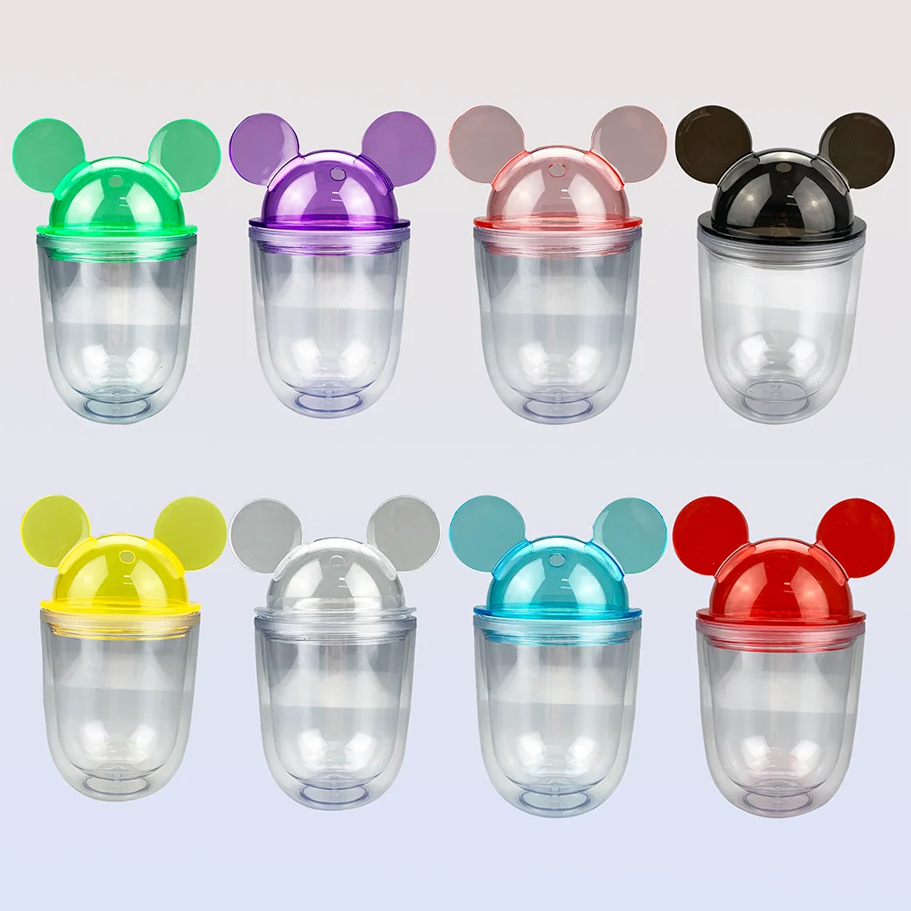 

Wholesale price 350ml BPA free Mickey mouse ear Smoothie Plastic Tumbler in bulk with Straw and Lid in stock, Clear