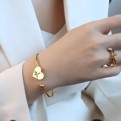 

Trendy Jewelry Stainless Steel Real Gold Plated ECG Pattern Bangle Bracelets Open Silver Plating Heart Charm Bracelets Women