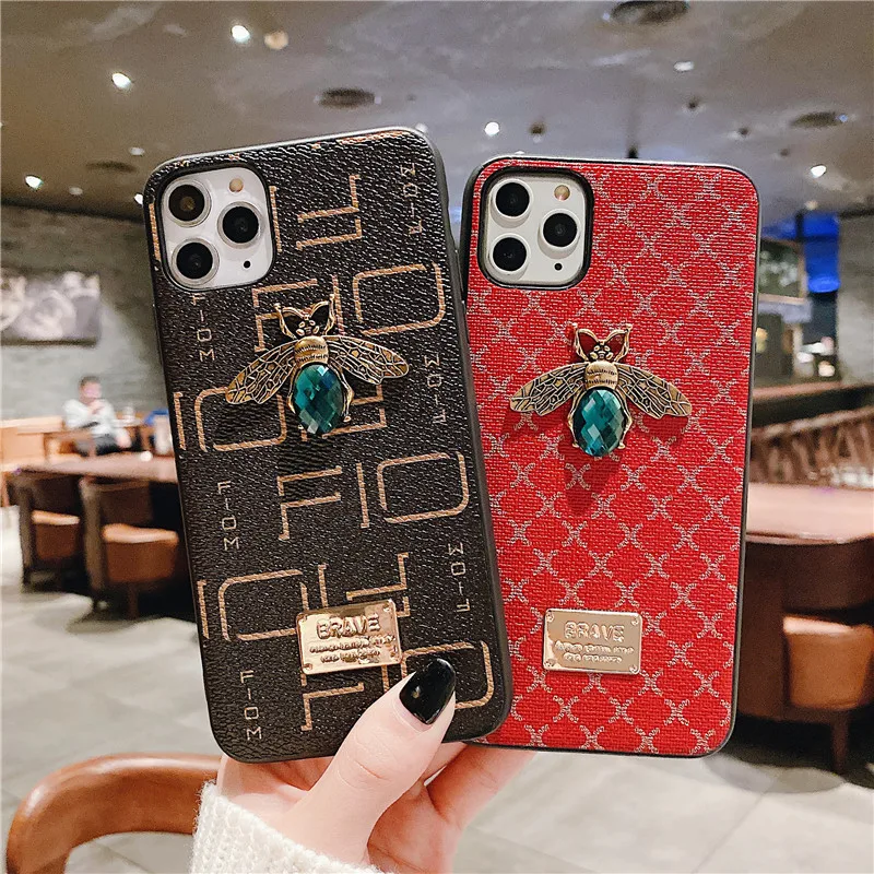 

Luxury diamond brand metal bee glitter soft hard phone case for iphone 11 pro Max X XS XR 6s 7 8 plus leather Pu cover