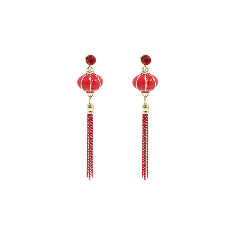 

Fashion creativity classic 18k gold plated enamel long dangle earrings women gift red lantern statement tassel stud earrings